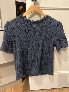 Women's Blue Crochet Pointelle Short-Sleeve Top